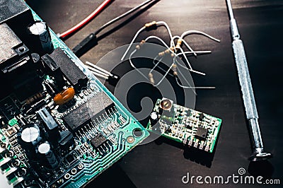 Computer circuit at repair service close-up Stock Photo