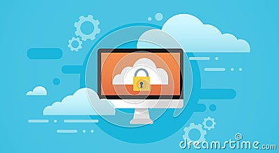 Computer Cloud Database Lock Screen Data Privacy Protection Vector Illustration