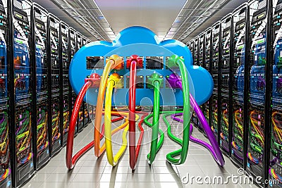 Computer cloud with lan internet cables inside data center, server room, 3D rendering Stock Photo