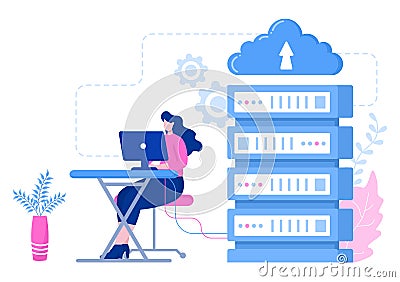 Computer Cloud Server Hosting Storage Illustration Of Data Transmission Technology and Protection With Administrator or Developer Vector Illustration