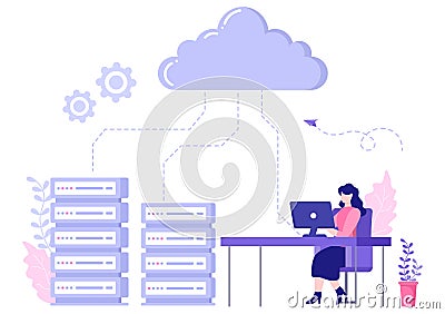 Computer Cloud Server Hosting Storage Illustration Of Data Transmission Technology and Protection With Administrator or Developer Vector Illustration