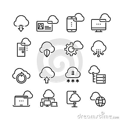Computer cloud technology, data security, access perfection vector thin line icons Vector Illustration