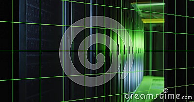 Computer code and data processing image over green and black grid background Stock Photo