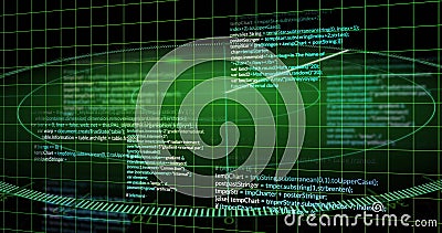 Computer code and data processing image over green grid background Stock Photo