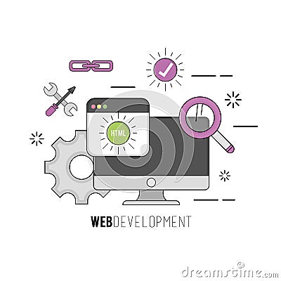 Computer with code programing software data Vector Illustration