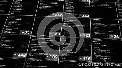 Computer codes in cells with numbers on black background. Animation. Lot of changing data in cells of table with Stock Photo