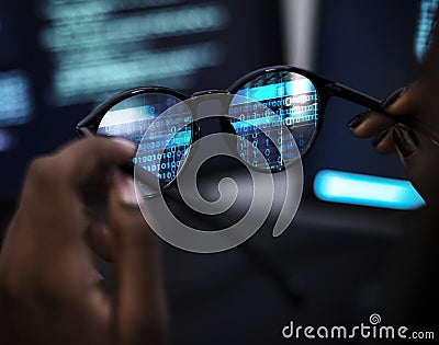 Computer coding shoot reflection glasses Stock Photo