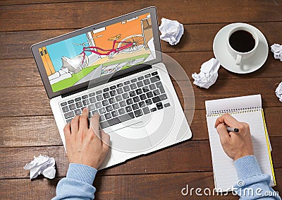 computer coffe, notebook and hands on a desk. In the computer the blueprint of the new design (yello Stock Photo