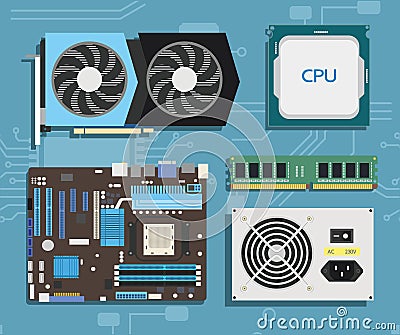 Computer components, set of illustrations. Computer spare parts, hardware. Vector Illustration