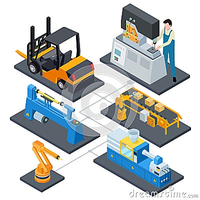 Computer controls production, factory automation processes isometric vector illustration Vector Illustration