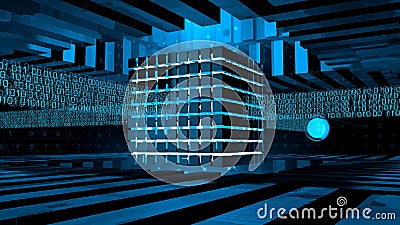 Computer core formed by cubes illuminated with blue light inside a metal structure receiving binary information lines Stock Photo