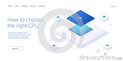 Computer CPU chip illustration in isometric vector design. Semiconductor microchip or processor. Abstract data component or gpu Vector Illustration