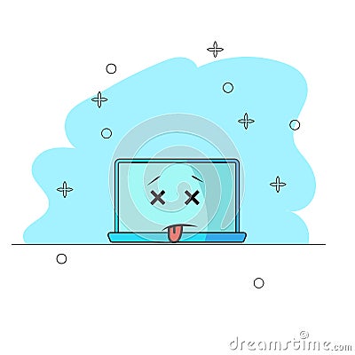 Computer crashed. Breakdown Funny cartoon computer character with with eyes closed and tongue hanging out. Needs help Vector Illustration