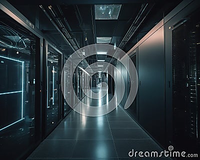Computer data center room facility with server racks. Storage solutions. cloud storage servers. Generative Ai Stock Photo