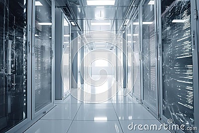 Computer data center room facility with server racks. Storage solutions. cloud storage servers. Generative Ai Stock Photo