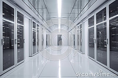 Computer data center room facility with server racks. Storage solutions. cloud storage servers. Generative Ai Stock Photo