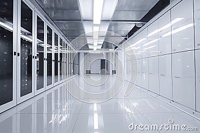 Computer data center room facility with server racks. Storage solutions. cloud storage servers. Generative Ai Stock Photo