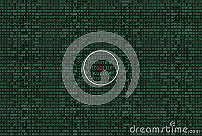 Computer data by 0 and 1 in green color on dark background. With magnifier and symbol of bug Vector Illustration