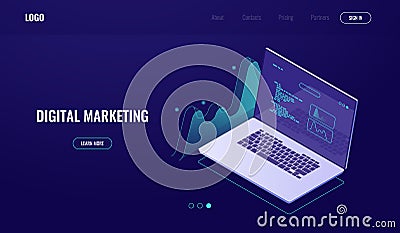 Computer data visualization, digital technology, data graph, statistics processing, dark vector neon Vector Illustration