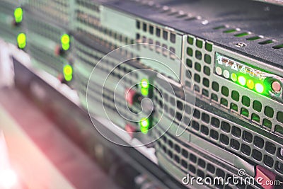 Computer database server is a close up. Cloud storage services. Hosting platform Internet provider. Selective focus Stock Photo