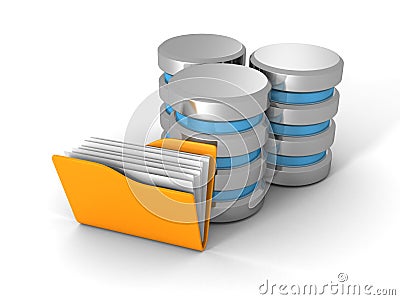 Computer Database With Yellow Office Document Folder Stock Photo