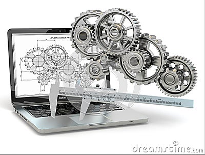 Computer-design engineering. Laptop, gear, trammel and draft. Stock Photo