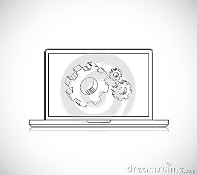 Computer-design engineering. Laptop, gear. Vector Stock Photo