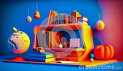 Computer desk with books, bookshelves, and other items on it. Generative AI Stock Photo