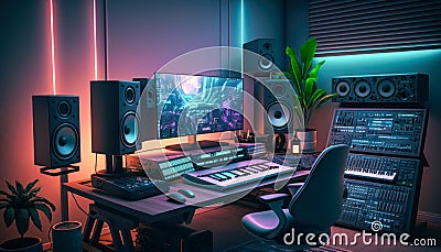 Computer desk with keyboard, monitor, speakers and plant. Generative AI Stock Photo