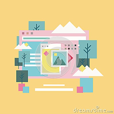 Computer Desktop with graphic design program on laptop screen, flat vector design desk for graphic designer or Photo grapher Vector Illustration