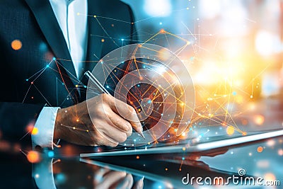 Computer device being used by a man to create a digital network and to build a cloud computing concept Stock Photo