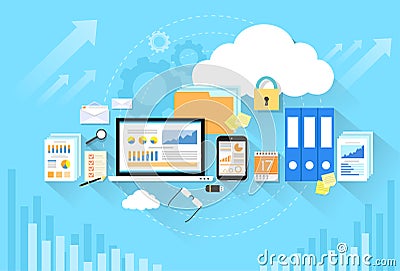 Computer device data cloud storage security flat Vector Illustration