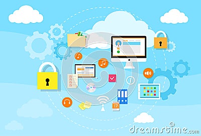 Computer Device Data Cloud Storage Security Vector Illustration