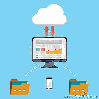 Computer device data cloud storage security flat design vector illustration Vector Illustration