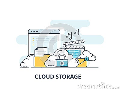 Computer device data cloud storage security flat design vector illustration. Vector Illustration