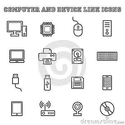 Computer and device line icons Vector Illustration