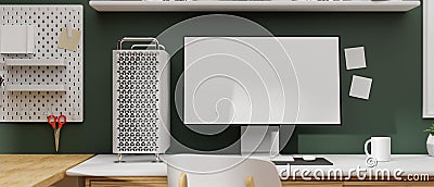 Computer device with mock-up screen in stylish working space, 3D rendering Cartoon Illustration