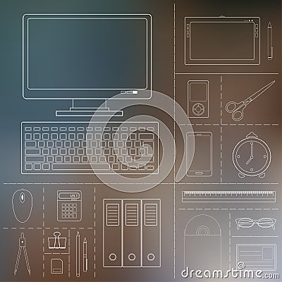 Computer device, office objects and business working elements Vector Illustration