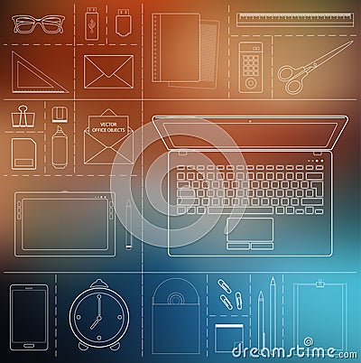 Computer device, office objects and business working elements Vector Illustration