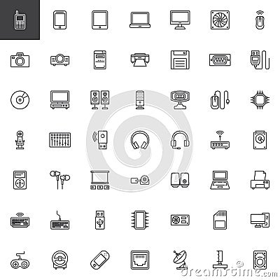 Computer devices, hardware line icons set Vector Illustration
