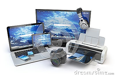 Computer devices and office equipment. Mobile phone, monitor, la Cartoon Illustration