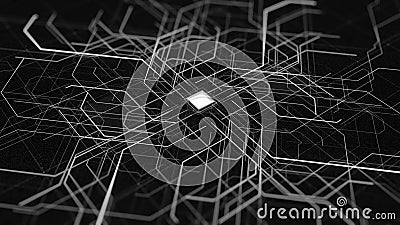 Computer diagram of moving networks of Internet. Animation. Centralized diagram with moving neon lines of computer Stock Photo