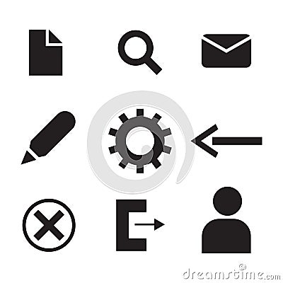 Computer Digital Icons Symbols. Set of file search mail email pen edit settings gear arrow back exit close escape user person Vector Illustration
