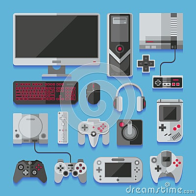 Computer, digital video online game console, game tools vector set Vector Illustration