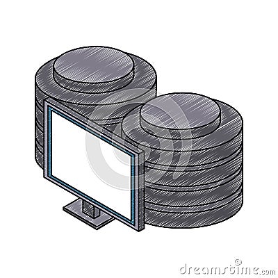 Computer with disks isometric scribble Vector Illustration