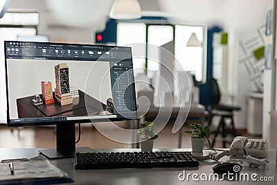 Computer display with 3d render software of architectural building complex Stock Photo