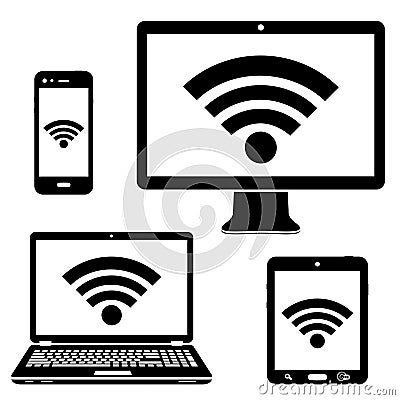 Computer display, laptop, tablet and smartphone icons with wifi internet connection symbol Vector Illustration