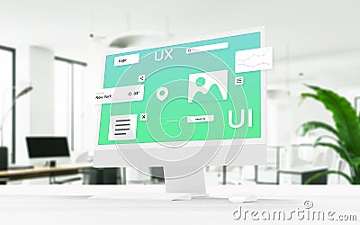 Computer display showcasing user interface modules, icons, and elements Stock Photo