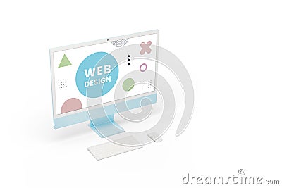 Computer display on a white background, featuring Web Design text with various graphic elements Stock Photo