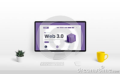 Computer display on the work desk with the conceptual design of the web 3.0 website presentation Stock Photo